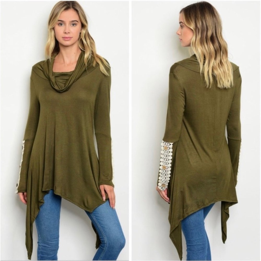 3/$25 Gypsy Cowl Neck Crochet Asymmetrical Tunic
